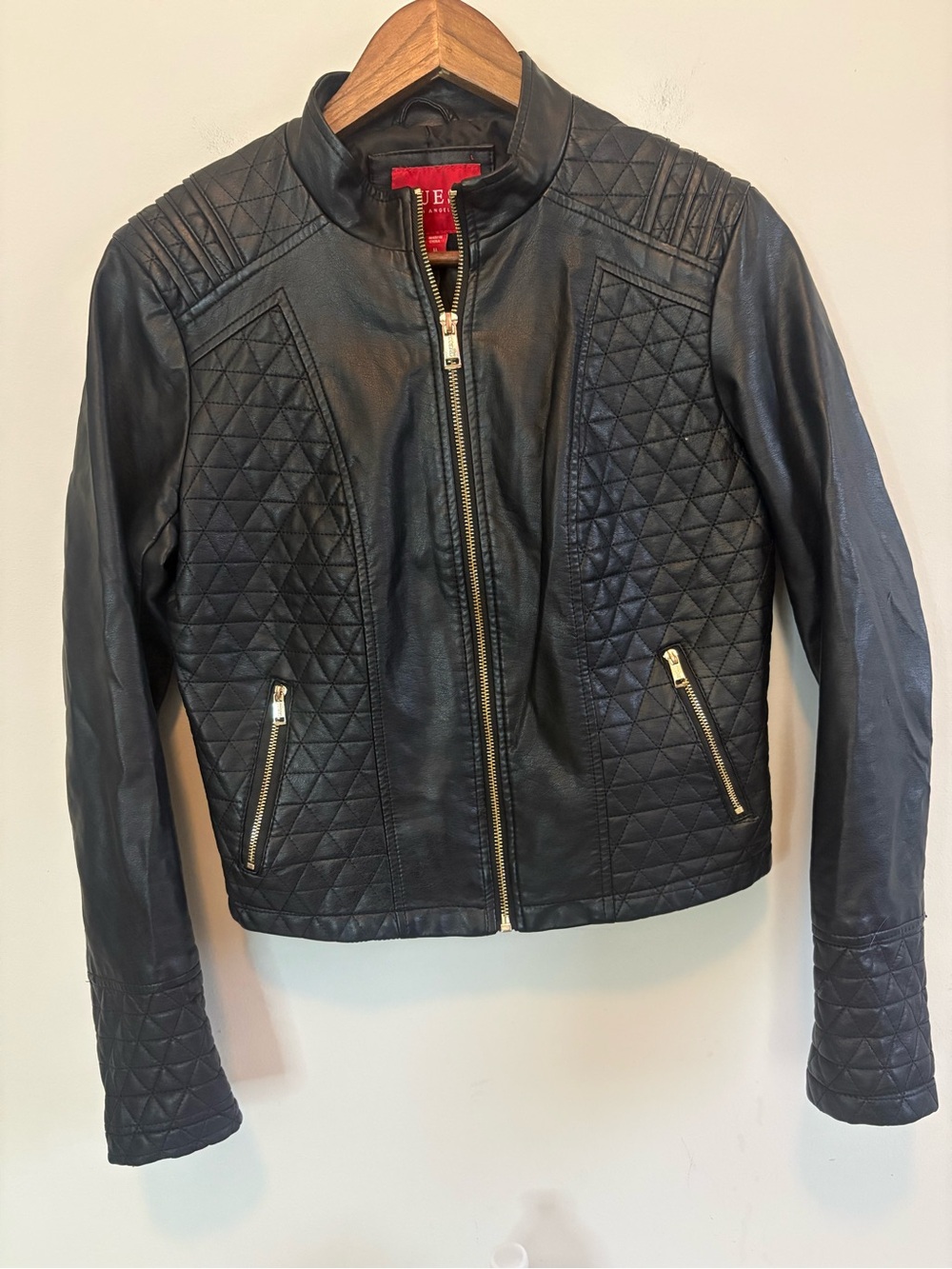 Guess Los Angeles Black Quilted Faux Leather Moto Jacket Size M